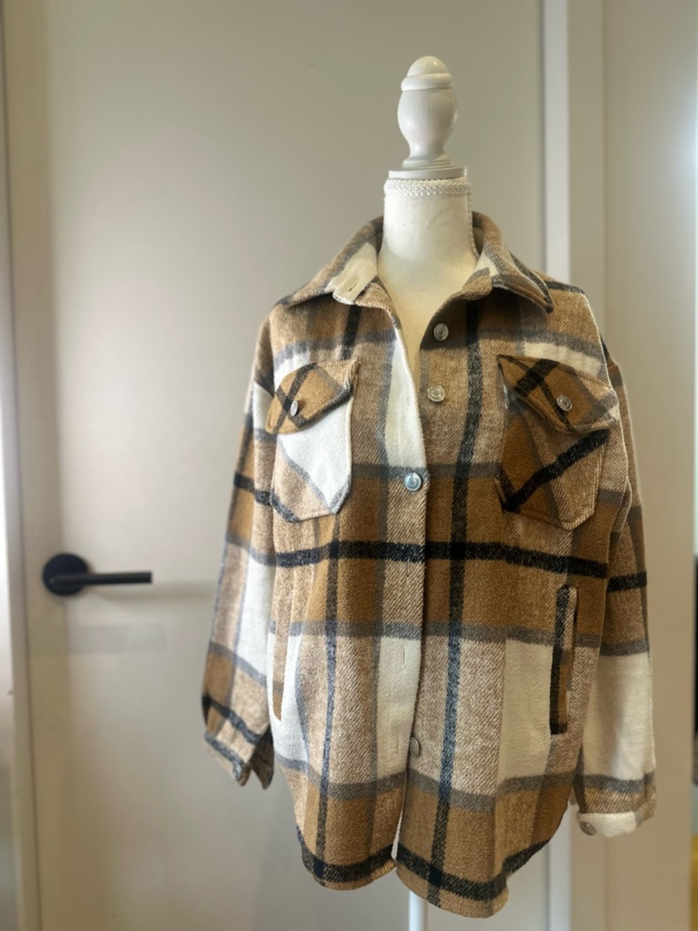 Plaid Button-Down Shacket in Camel, Black & Cream Like New